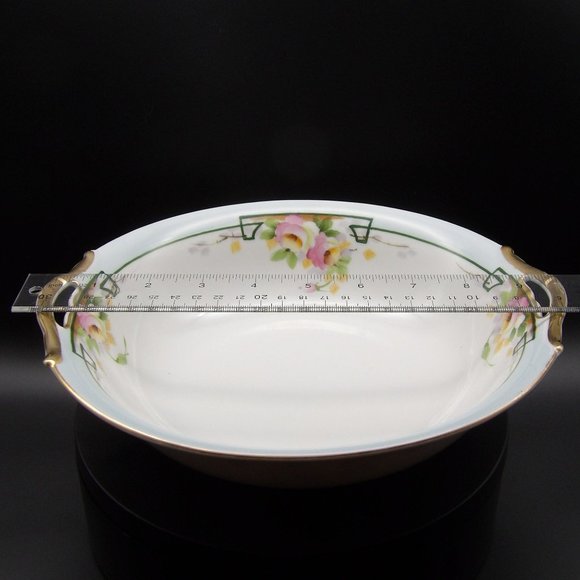 Antique Hand Painted Nippon Handled Serving Bowl Gold Rim Blue Rim Roses Blue Ni - Picture 10 of 10